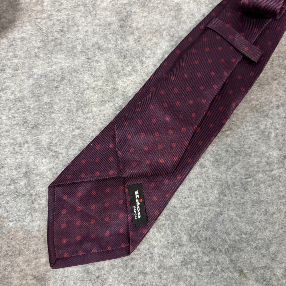 Kiton Napoli SevenFold Silk Tie‎ Plum Purple Red Polka Dot Handmade Italy Luxury